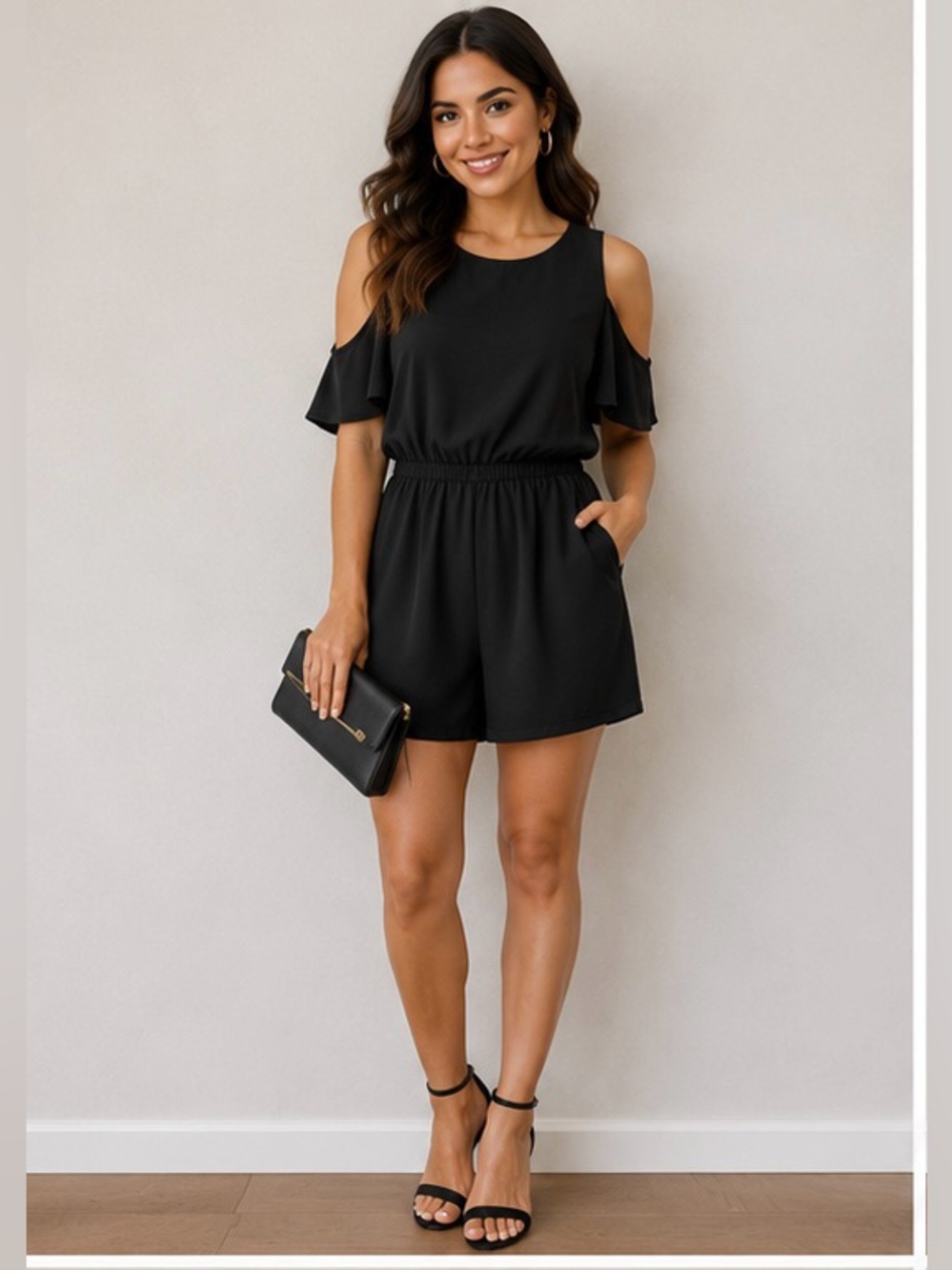 Black Cold-Shoulder Elastic-Waist Romper